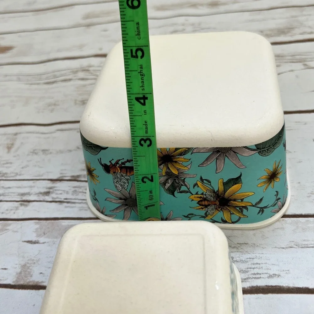 Bamboo‎ Fiber Nesting Bowls Teal Floral Bee Leaf Print Set of 2 S/M
